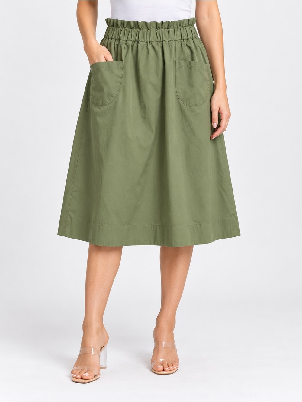 Etch Size 16 Olive Green Paperbag Waist Midi Skirt Front Pockets